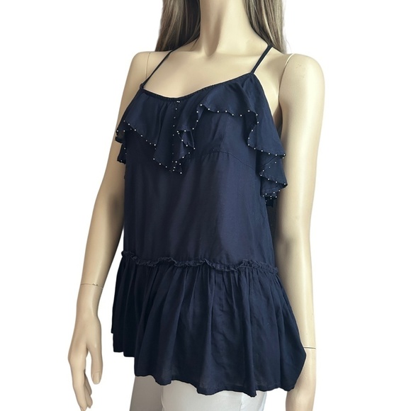 Free People Navy 100% Rayon Peplum Boho Top Tank Shirt Blouse Ruffles Metal XS-S - Picture 8 of 12